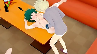 My Hero Academia Yaoi Bakugou fucks Deku in a karaoke while Uraraka looks on - Manga anime porn hardsex